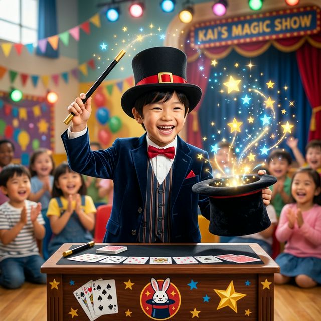 Happy child performing magic